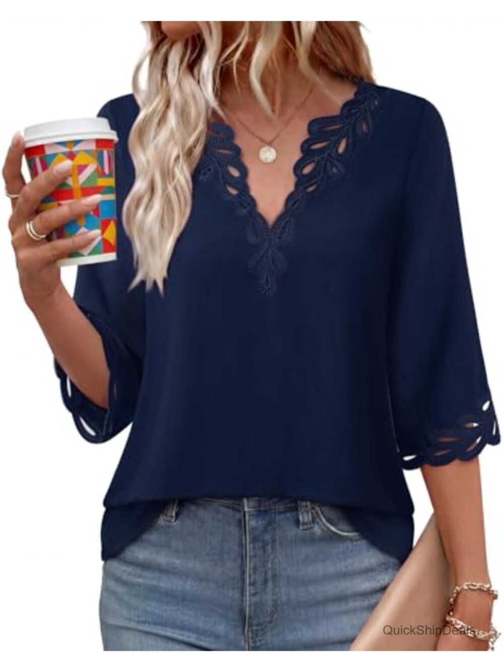 Bohemian Eyelet Embroidery V Neck 3/4 Sleeve Casual Loose Fit Blouse